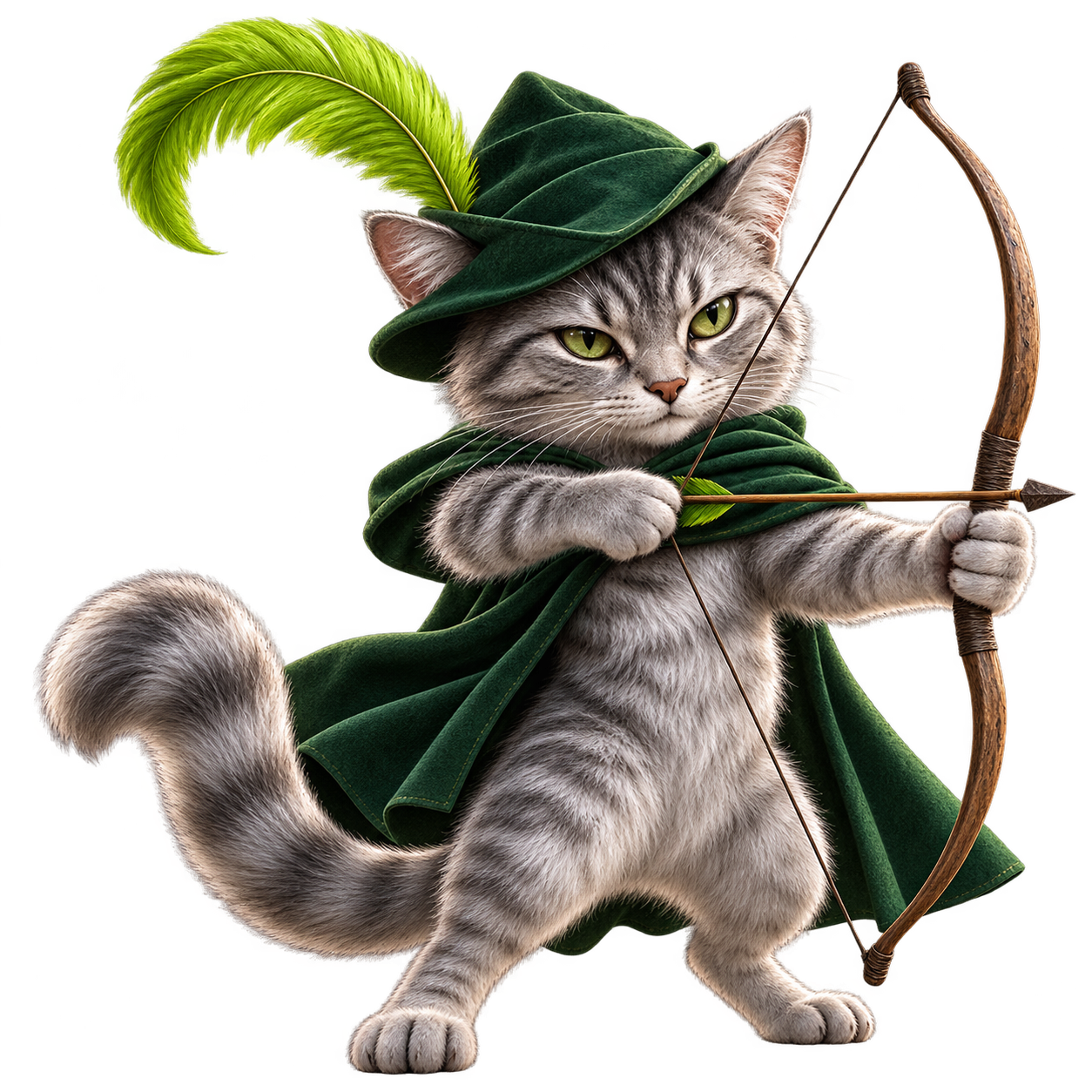 Realistic silver-gray Robin Cat with green eyes, a green Robin Hood hat, lime feather and wooden bow